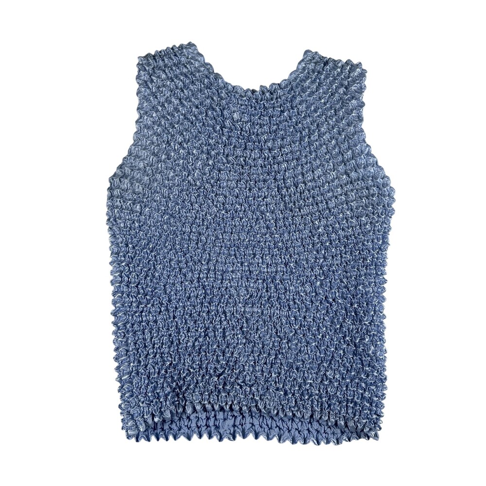 Ivory Bubble Top Womens One Size Blue Sleeveless Crinkle 90s Y2K Stretch Shirt